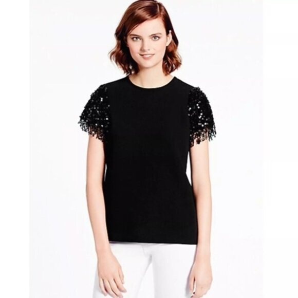 Kate Spade New York Sequin Fringe Short Sleeve Crepe Black Top size 4 - Picture 3 of 4